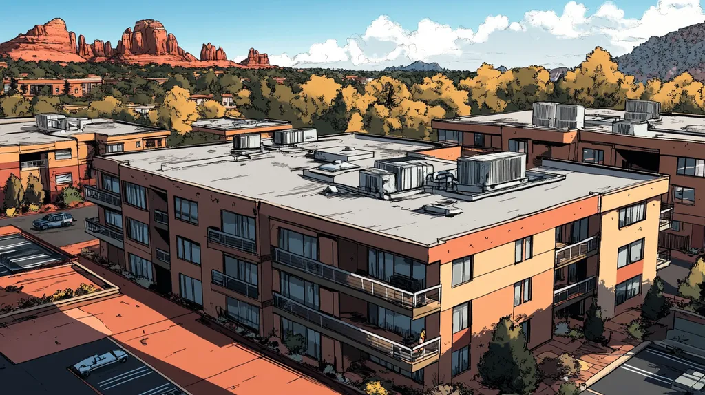 A commercial roof on high-rise apartments in a location similar to Sedona with a comic book style aesthetic (AI image)
