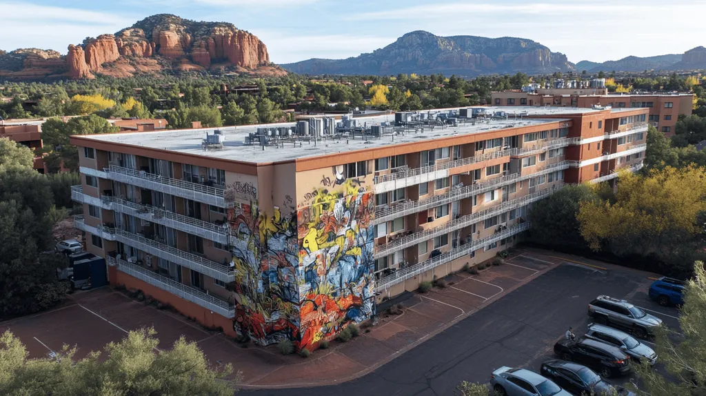 A commercial roof on high-rise apartments in a location similar to Sedona with a graffiti mural aesthetic (AI image)