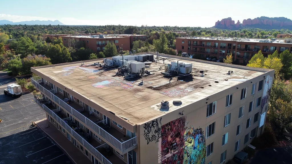 A commercial roof on high-rise apartments in a location similar to Sedona with a graffiti mural aesthetic (AI image)