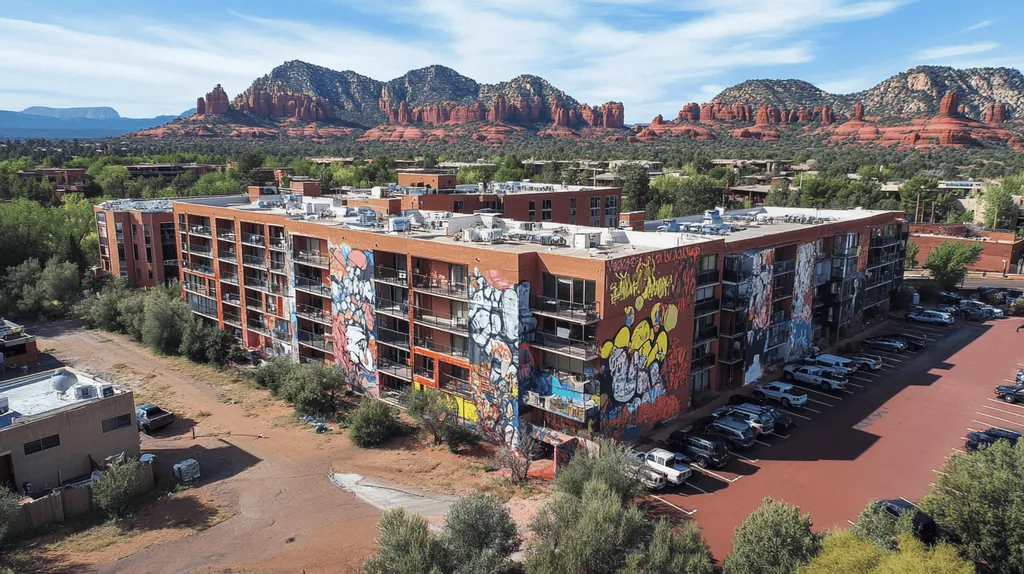 A commercial roof on high rise apartments in a location similar to Sedona with a graffiti mural aesthetic (AI image)