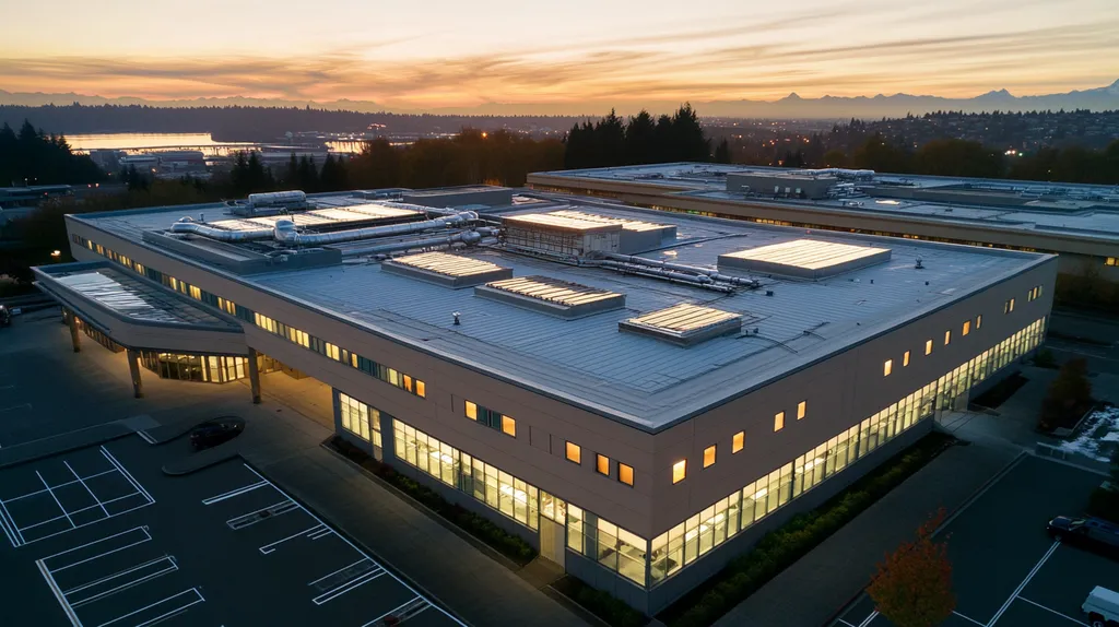 A commercial roof on a hospital in a location similar to Seattle with an illuminated nightscape aesthetic (AI image)