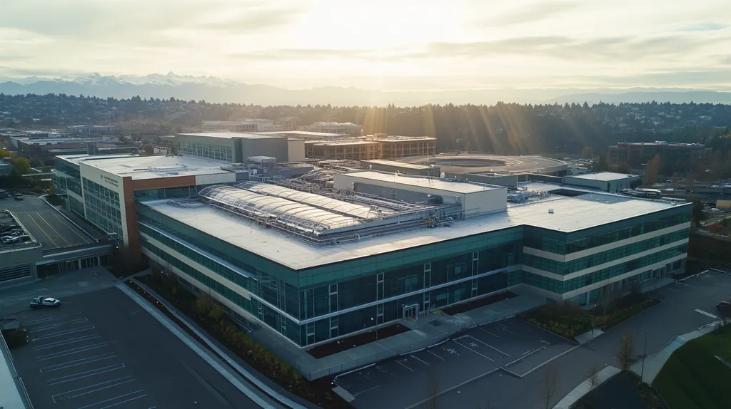 A commercial roof on a hospital in a location similar to Seattle with a light beams aesthetic (AI image)