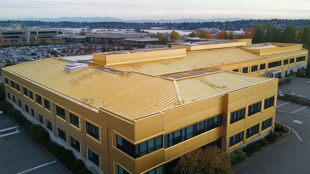 A commercial roof on a hospital in a location similar to Seattle with a solid gold aesthetic (AI image)