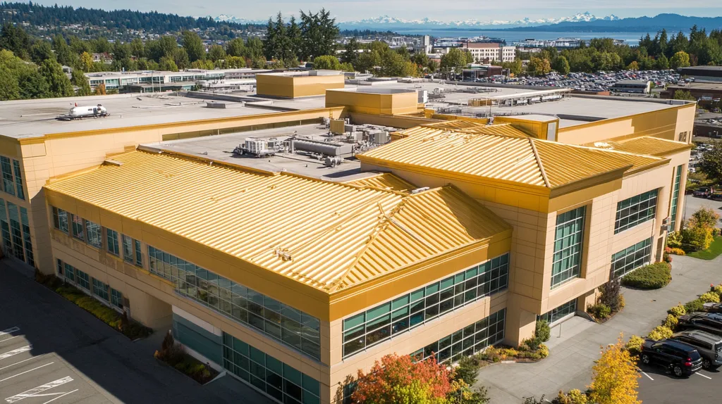A commercial roof on a hospital in a location similar to Seattle with a solid gold aesthetic (AI image)