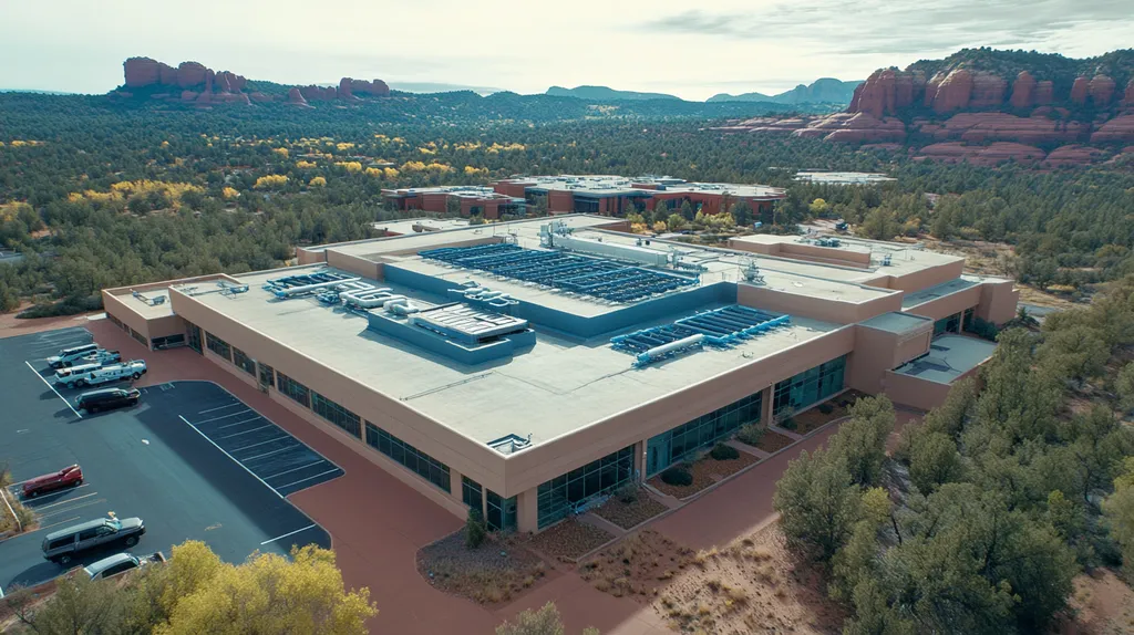 A commercial roof on a hospital in a location similar to Sedona with a cross-processed look aesthetic (AI image)