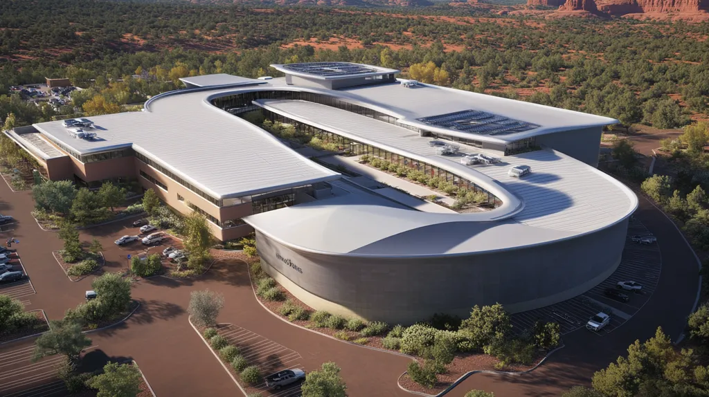A commercial roof on a hospital in a location similar to Sedona with a futuristic aesthetic (AI image)