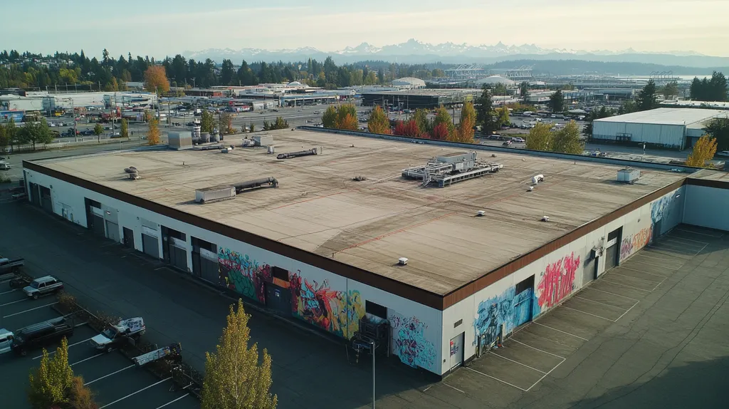 A commercial roof on a manufacturing plant in a location similar to Seattle with a graffiti mural aesthetic (AI image)