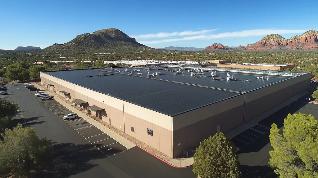 A commercial roof on a manufacturing plant in a location similar to Sedona with a color highlight aesthetic (AI image)