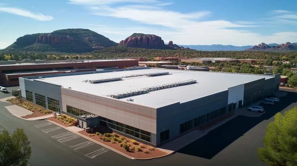 A commercial roof on a manufacturing plant in a location similar to Sedona with a color highlight aesthetic (AI image)