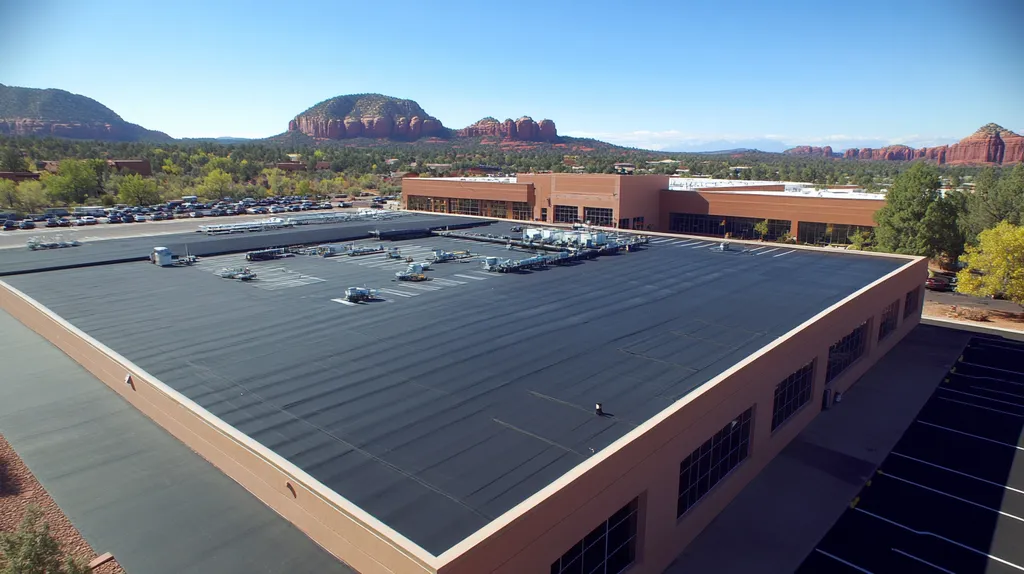 A commercial roof on a manufacturing plant in a location similar to Sedona with a cross-processed look aesthetic (AI image)
