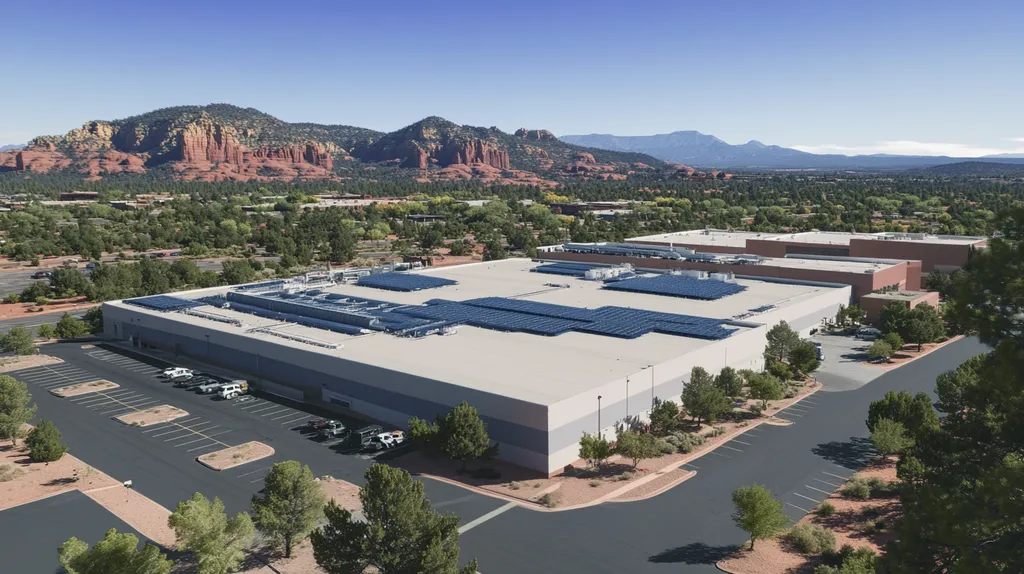 A commercial roof on a manufacturing plant in a location similar to Sedona with a cross-processed look aesthetic (AI image)