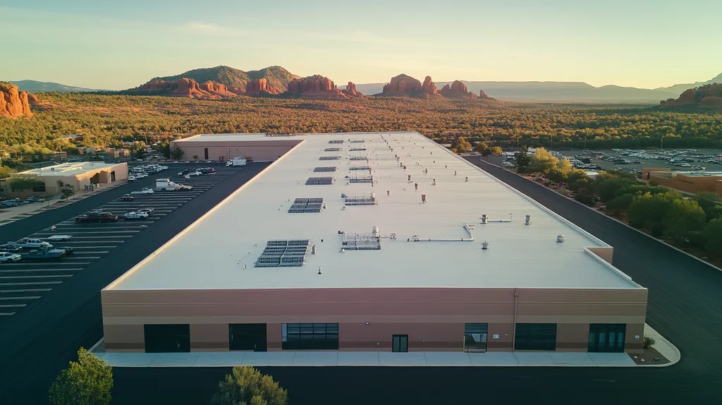 A commercial roof on a manufacturing plant in a location similar to Sedona with an ethereal glow aesthetic (AI image)