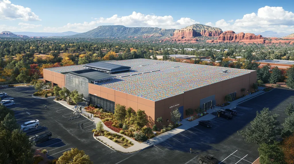 A commercial roof on a manufacturing plant in a location similar to Sedona with a mosaic tile art aesthetic (AI image)