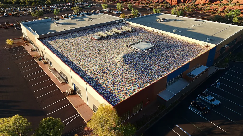 A commercial roof on a manufacturing plant in a location similar to Sedona with a mosaic tile art aesthetic (AI image)