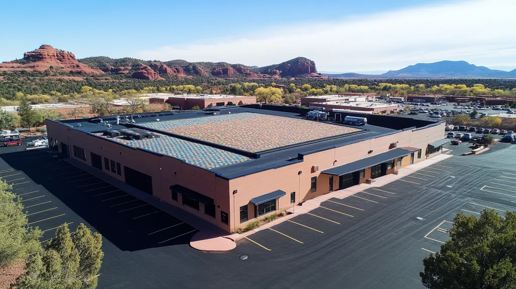 A commercial roof on a manufacturing plant in a location similar to Sedona with a mosaic tile art aesthetic (AI image)