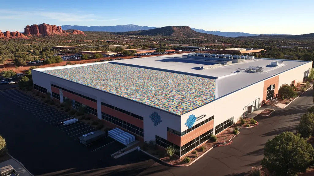 A commercial roof on a manufacturing plant in a location similar to Sedona with a mosaic tile art aesthetic (AI image)