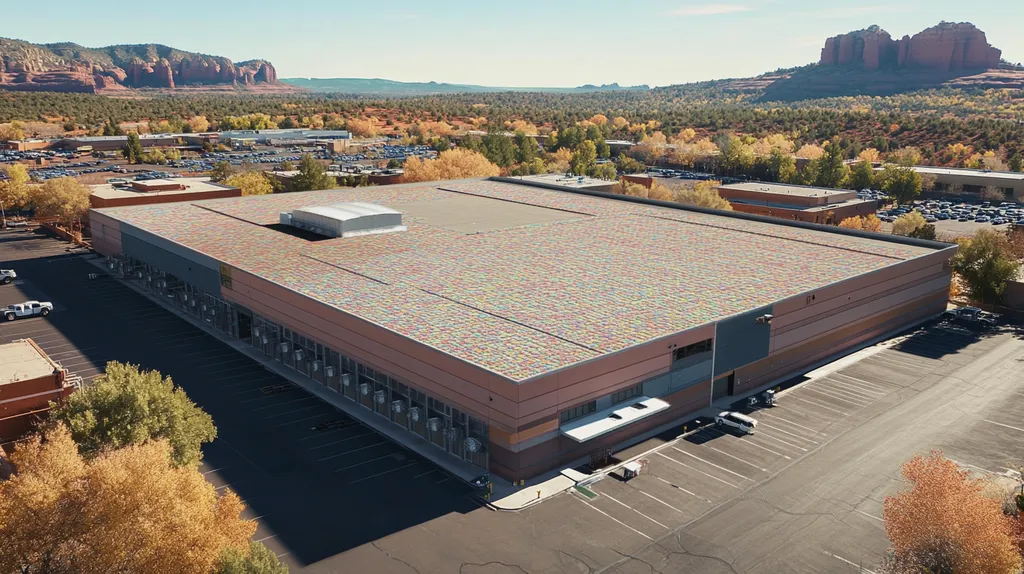 A commercial roof on a manufacturing plant in a location similar to Sedona with a mosaic tile art aesthetic (AI image)