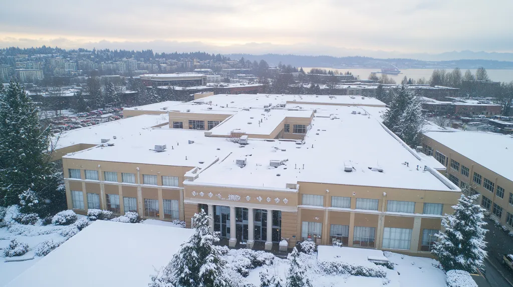 A commercial roof on a mid-rise in a location similar to Seattle with a snowy day aesthetic (AI image)