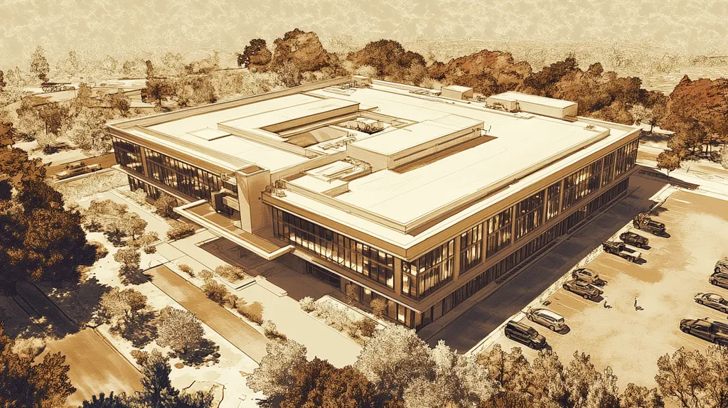 A commercial roof on a mid-rise in a location similar to Sedona with an architectural sketch rendering aesthetic (AI image)