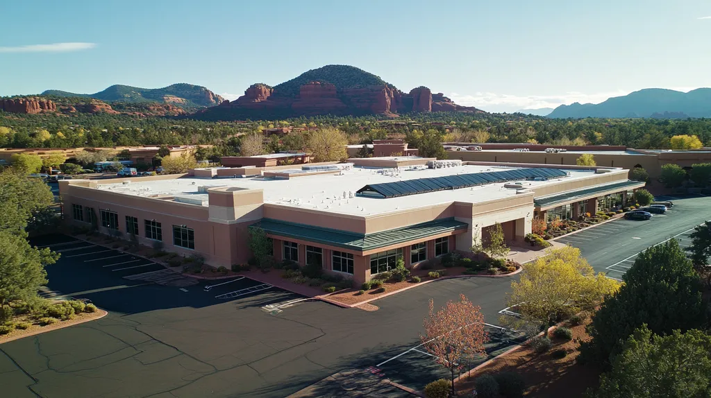 A commercial roof on a mid-rise in a location similar to Sedona with a color highlight aesthetic (AI image)