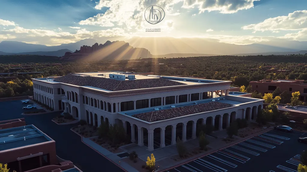 A commercial roof on a mid-rise in a location similar to Sedona with a light beams aesthetic (AI image)