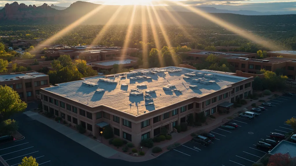 A commercial roof on a mid-rise in a location similar to Sedona with a light beams aesthetic (AI image)