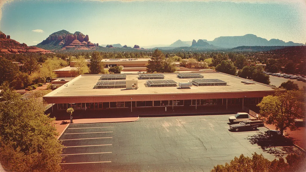 A commercial roof on a post office in a location similar to Sedona with a Polaroid aesthetic (AI image)