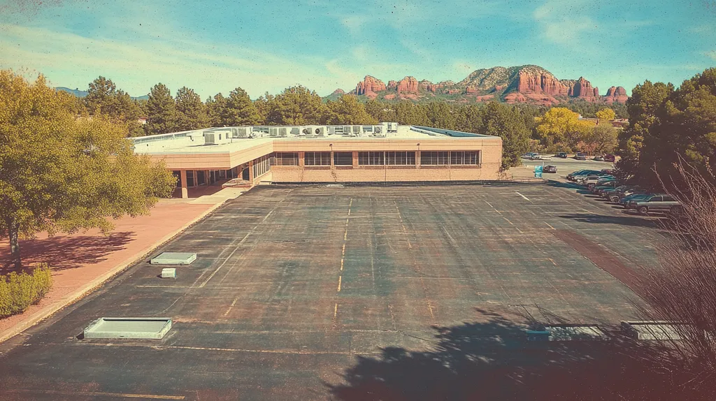 A commercial roof on a post office in a location similar to Sedona with a Polaroid aesthetic (AI image)