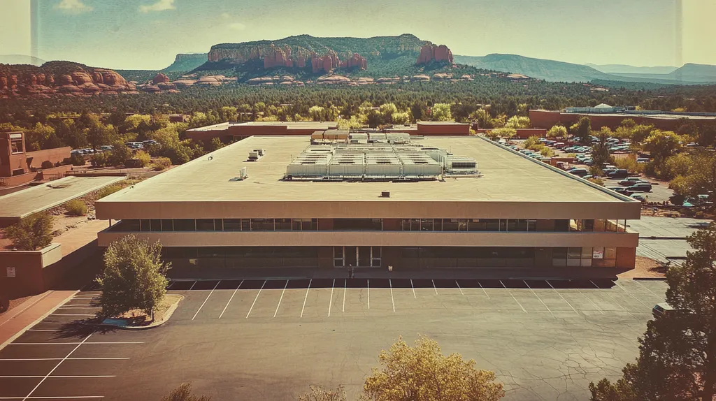 A commercial roof on a post office in a location similar to Sedona with a Polaroid aesthetic (AI image)