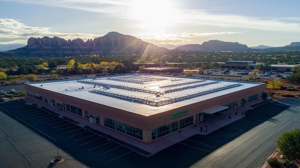 A commercial roof on a post office in a location similar to Sedona with a light beams aesthetic (AI image)