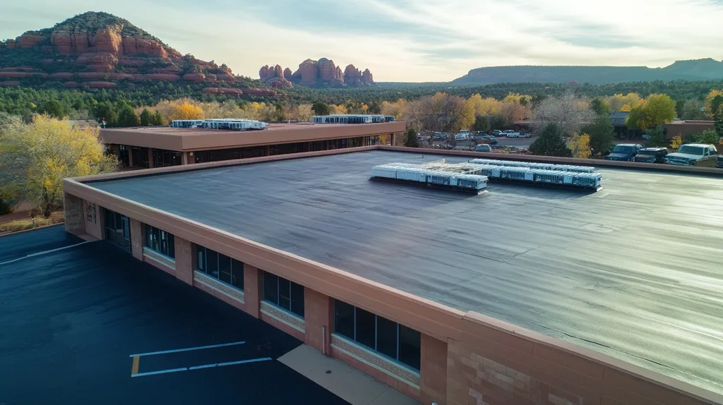 A commercial roof on a post office in a location similar to Sedona with a light beams aesthetic (AI image)