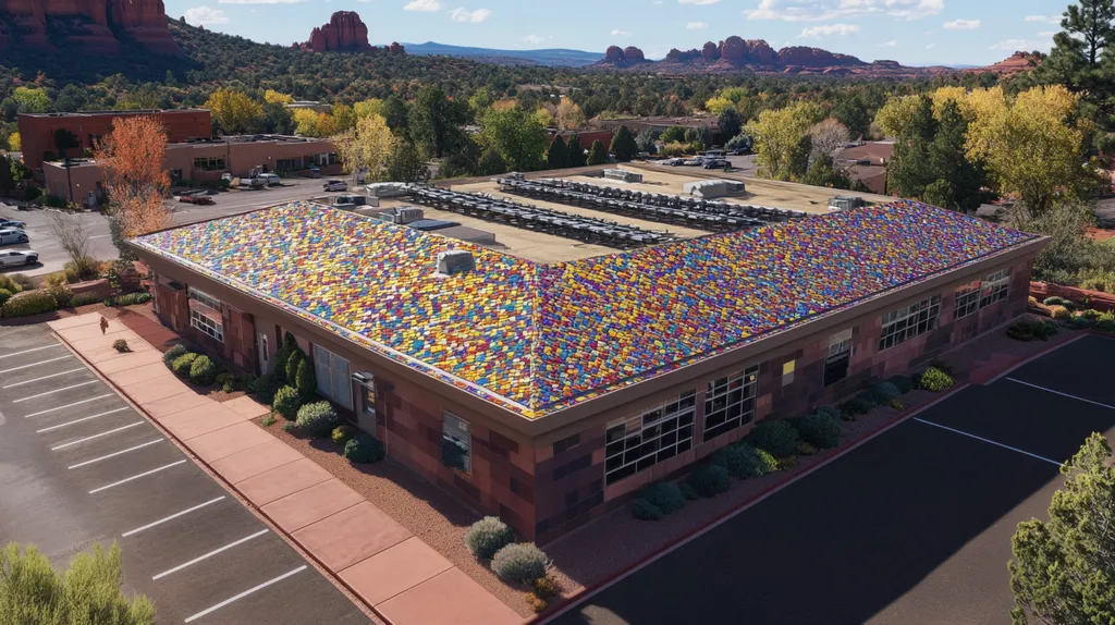 A commercial roof on a post office in a location similar to Sedona with a mosaic tile art aesthetic (AI image)