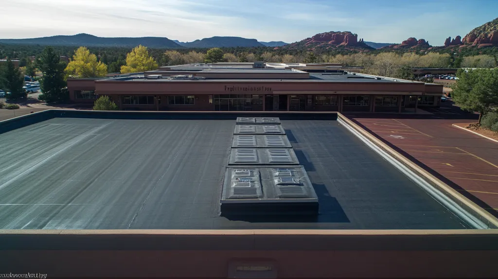 A commercial roof on a post office in a location similar to Sedona with a rainy day aesthetic (AI image)