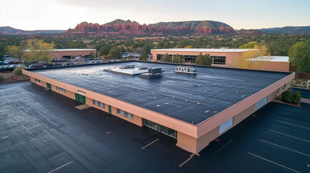 A commercial roof on a post office in a location similar to Sedona with a rainy day aesthetic (AI image)