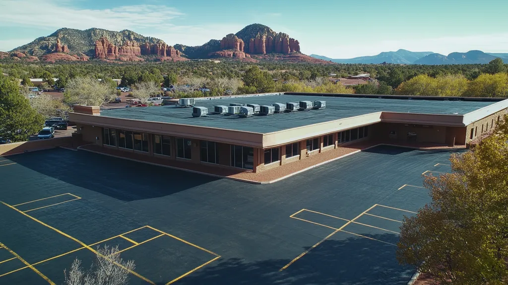A commercial roof on a post office in a location similar to Sedona with a rainy day aesthetic (AI image)