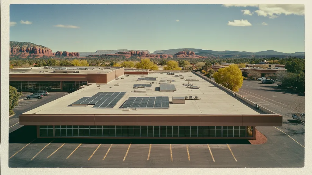 A commercial roof on a public library in a location similar to Sedona with a Polaroid aesthetic (AI image)