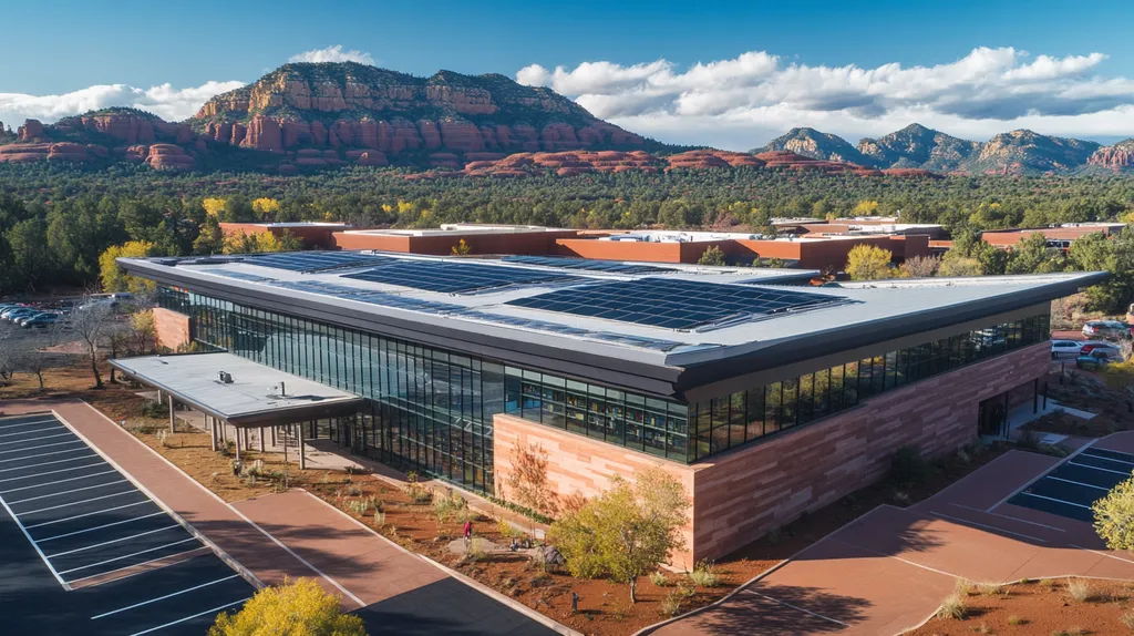 A commercial roof on a public library in a location similar to Sedona with a color highlight aesthetic (AI image)