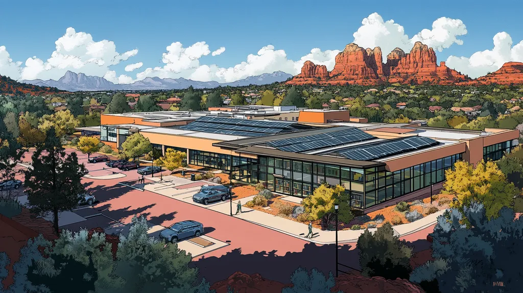 A commercial roof on a public library in a location similar to Sedona with a comic book style aesthetic (AI image)