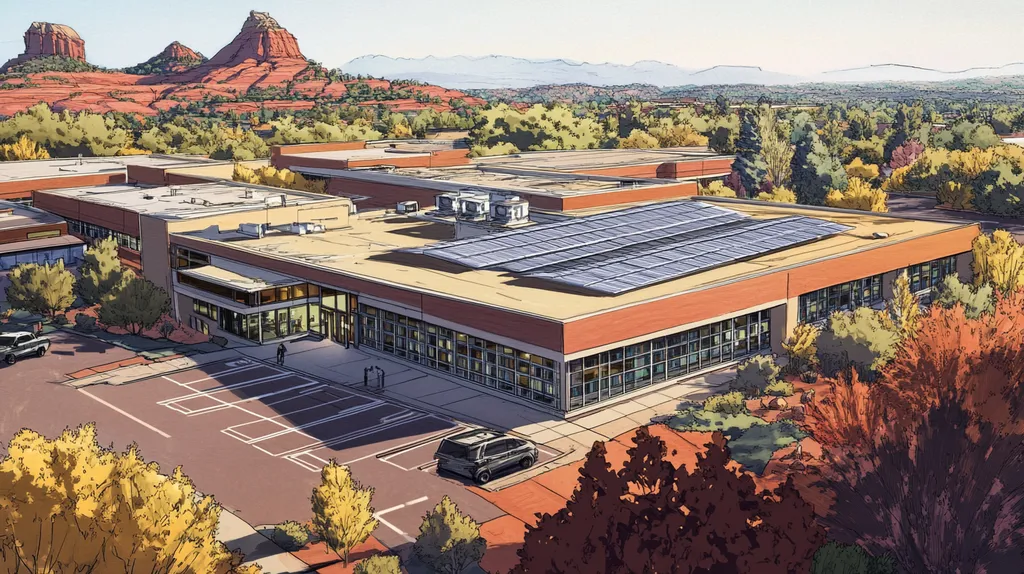 A commercial roof on a public library in a location similar to Sedona with a comic book style aesthetic (AI image)
