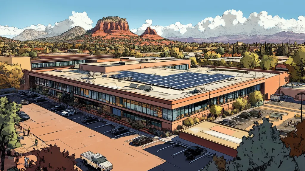 A commercial roof on a public library in a location similar to Sedona with a comic book style aesthetic (AI image)