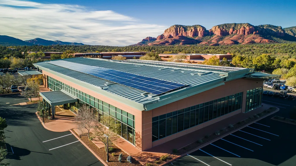 A commercial roof on a public library in a location similar to Sedona with a cross-processed look aesthetic (AI image)