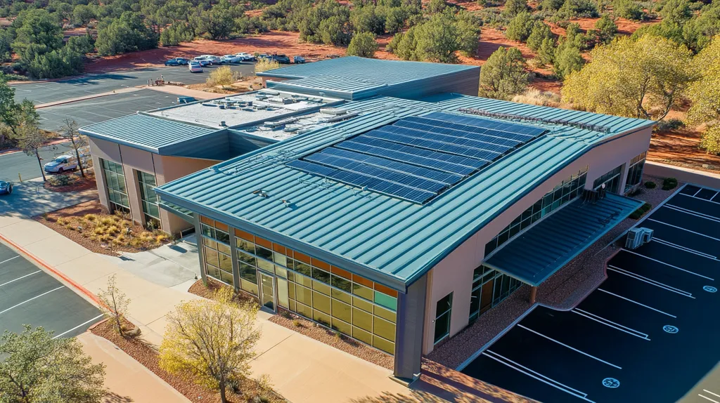 A commercial roof on a public library in a location similar to Sedona with a cross-processed look aesthetic (AI image)