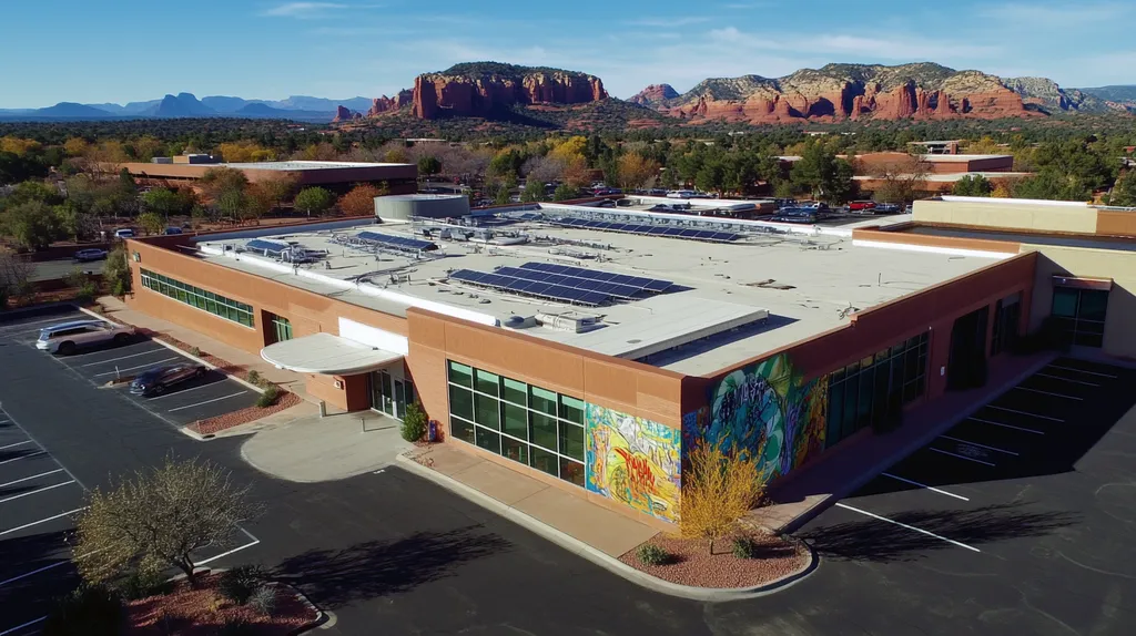 A commercial roof on a public library in a location similar to Sedona with a graffiti mural aesthetic (AI image)