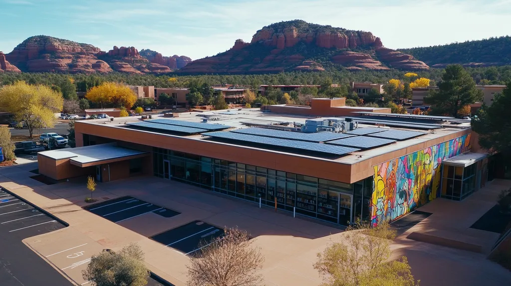 A commercial roof on a public library in a location similar to Sedona with a graffiti mural aesthetic (AI image)