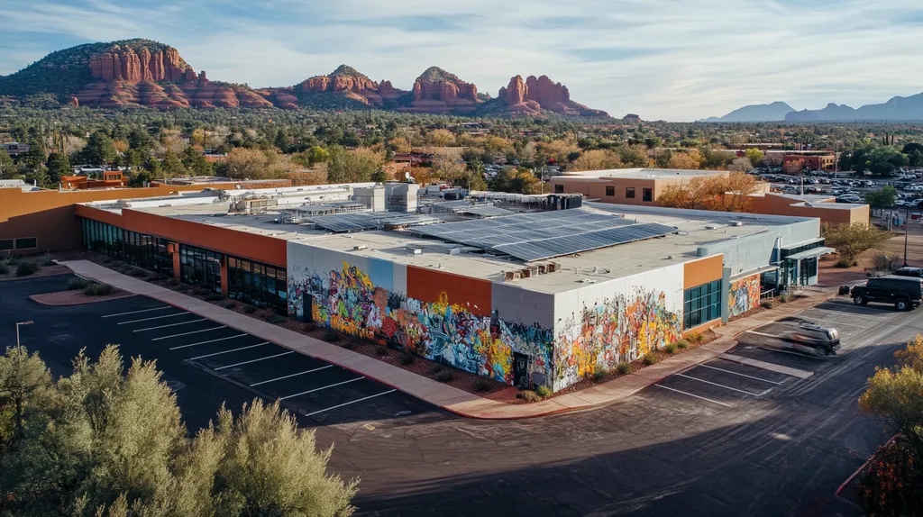 A commercial roof on a public library in a location similar to Sedona with a graffiti mural aesthetic (AI image)