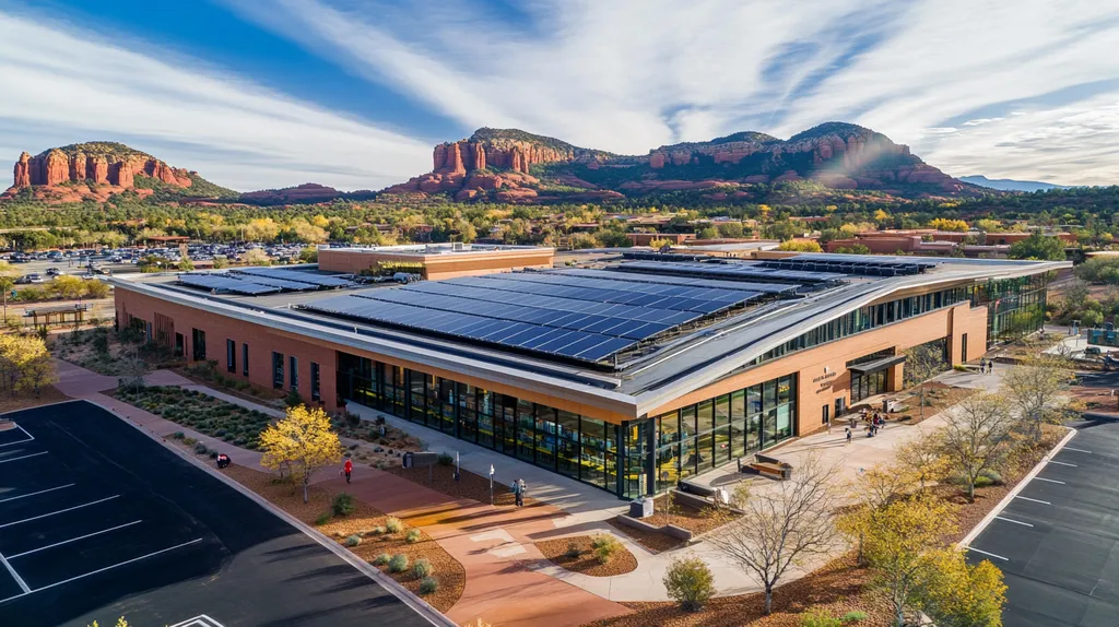 A commercial roof on a public library in a location similar to Sedona with a light beams aesthetic (AI image)