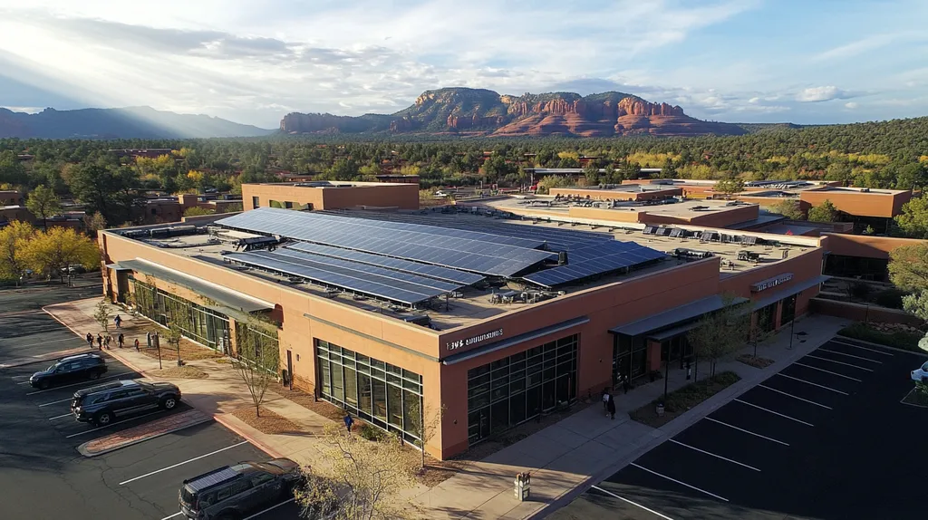 A commercial roof on a public library in a location similar to Sedona with a light beams aesthetic (AI image)