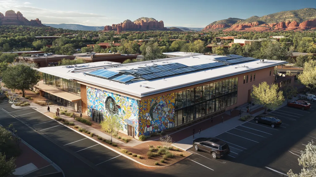 A commercial roof on a public library in a location similar to Sedona with a mosaic tile art aesthetic (AI image)