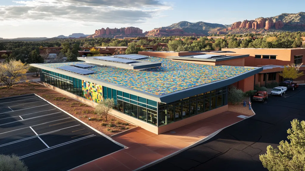 A commercial roof on a public library in a location similar to Sedona with a mosaic tile art aesthetic (AI image)