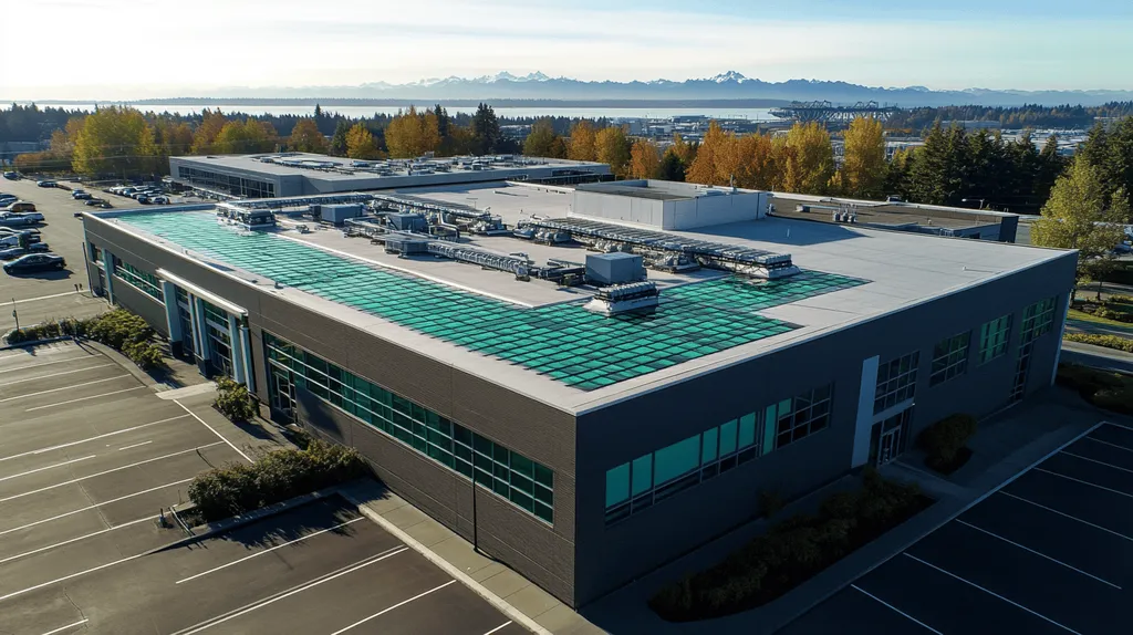 A commercial roof on a research laboratory in a location similar to Seattle with a stained glass style aesthetic (AI image)
